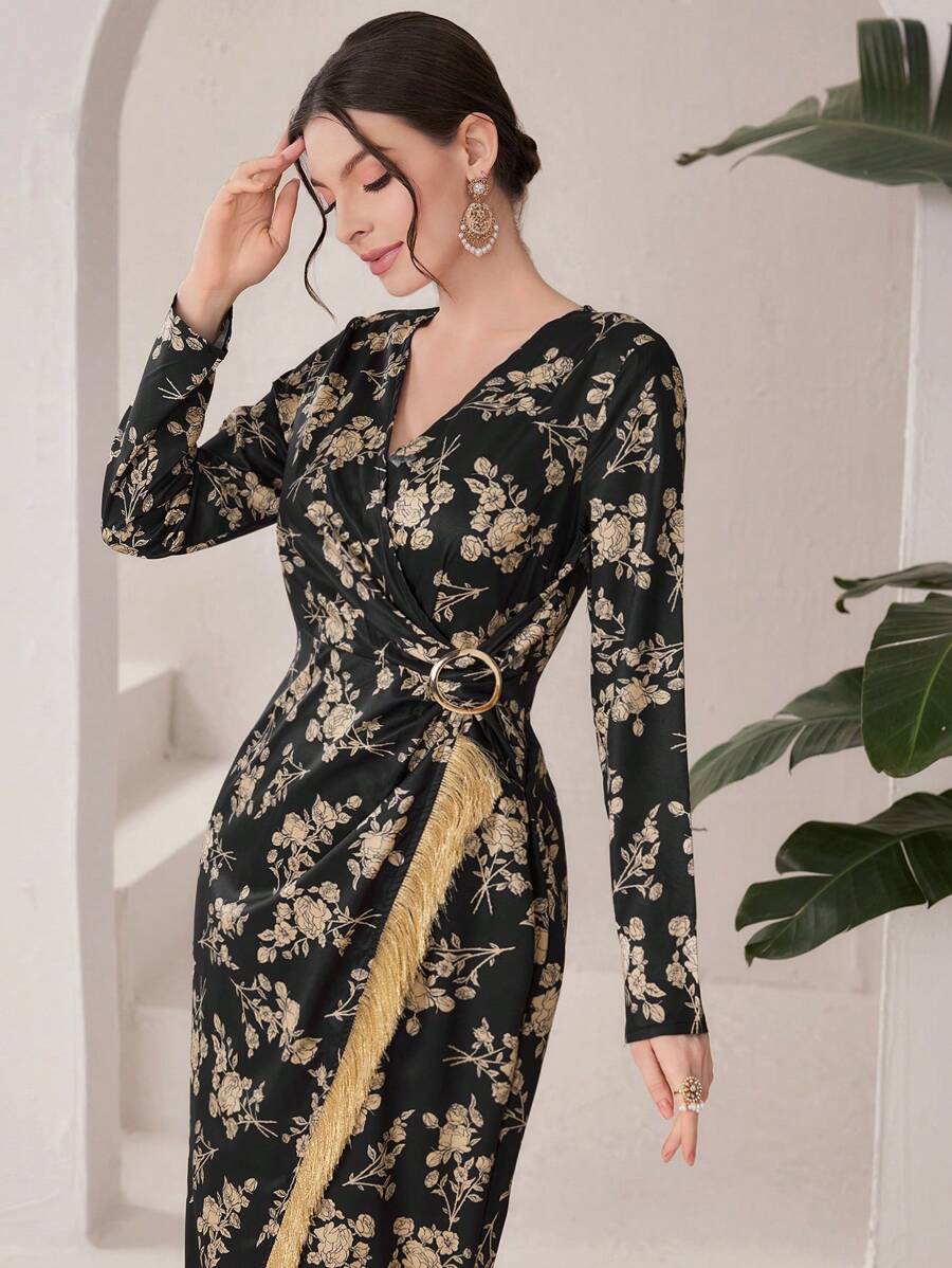 Modelyn Women's Floral Printed Fringed Hem Dress Long Evening Dresses Fall Cloth For Women - Multicolor - View 1