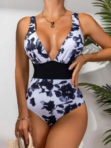 SHEIN Swim Của phụ nữ một miếng Hoa In Không lưng Đồ bơi Lễ hội hóa trang - Nhiều màu - Xem 1