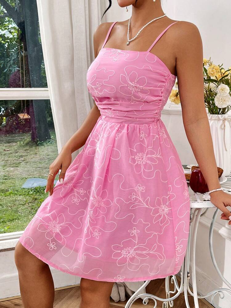 Women's Floral Embroidery Pleated Cami Dress