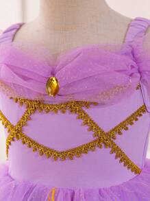 SHEIN Glamorique Kids 少女紫色蕾絲多層紗裙拼接編織帶,派對公主裙