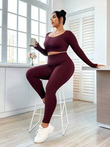 Easithlete Women'S Plus Size Sports Tracksuit With Ribbed Pattern, Long Sleeve And Long Pants - Burgundy - View 1