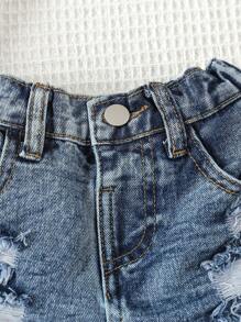 SHEIN Vintaside Kids Young Girl's Distressed Frayed Hem Denim Shorts - Dark Wash - View 7