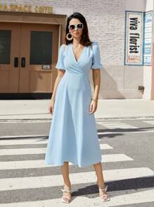 GENKIRA Puff Sleeve Wrap Neckline Dress - Blue - View 3