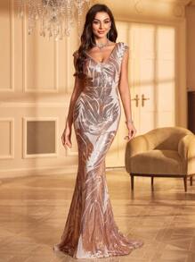Vestido de gala de sirena de lentejuelas ceñido al cuerpo con cuello en V profundo y largo hasta el suelo - Champán - Ver 3