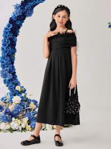 SHEIN Vestido Suéter Para Niñas De Entre 8 Y 14 Años Con Hombros Recortados Y Decorado Con Pelusa - Negro - Ver 6