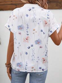 EMERY ROSE 缺口领前纽扣花卉印花宽松休闲衬衫夏季短袖上衣 - 白色 - 查看 2