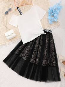 Conjunto de 2 piezas de top de manga corta y falda estampado de leopardo para adolescentes - Blanco - Ver 2