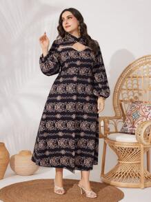 Modelyn Vestido De Manga Larga Con Estampado Al Azar En Talla Grande - Negro - Ver 6