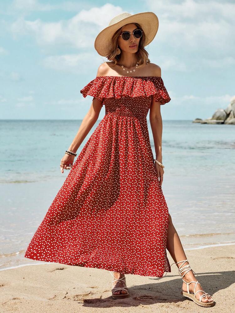 Women's Off Shoulder Ruffle Edge Decor High Slit Hem Dress, No Belt