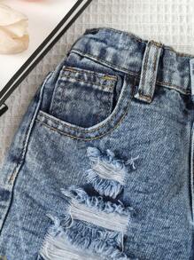 SHEIN Vintaside Kids Young Girl's Distressed Frayed Hem Denim Shorts - Dark Wash - View 4