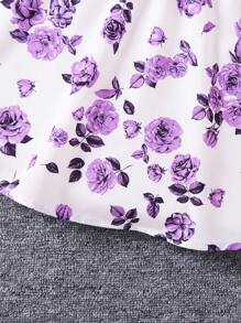 SHEIN Conjunto de dos piezas para niñas jóvenes, con vestido morado con estampado floral y volante en el bajo, y una chaqueta de punto acanalado - Morado - Ver 3
