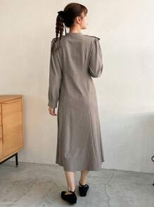 FRIFUL 女式格子荷叶边收腰连衣裙，秋装 - 咖啡棕 - 查看 2