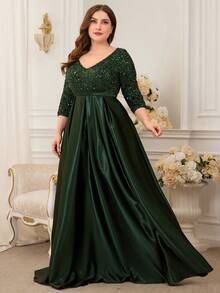 XUIBOL Plus Size Sequin Patchwork Asymmetric Hem Evening Gown - Dark Green - View 5
