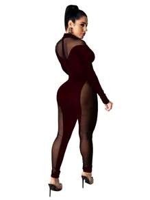 Women'S See-Through Mesh Insert Long Sleeve Unitards - Burgundy - View 2