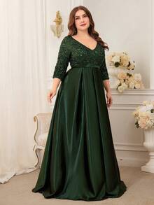 XUIBOL Plus Size Sequin Patchwork Asymmetric Hem Evening Gown - Dark Green - View 6