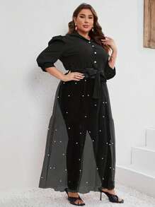 SHEIN Clasi Vestido negro de mujer de tallas grandes con contraste de malla