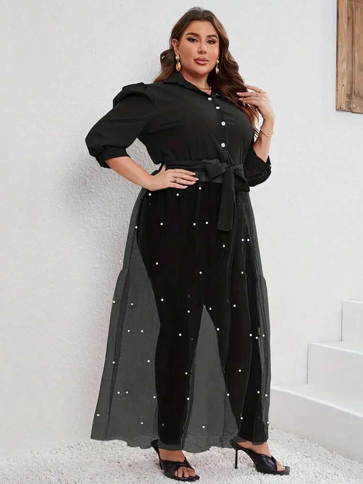 Plus Size Women's Black Mesh Contrast Dress