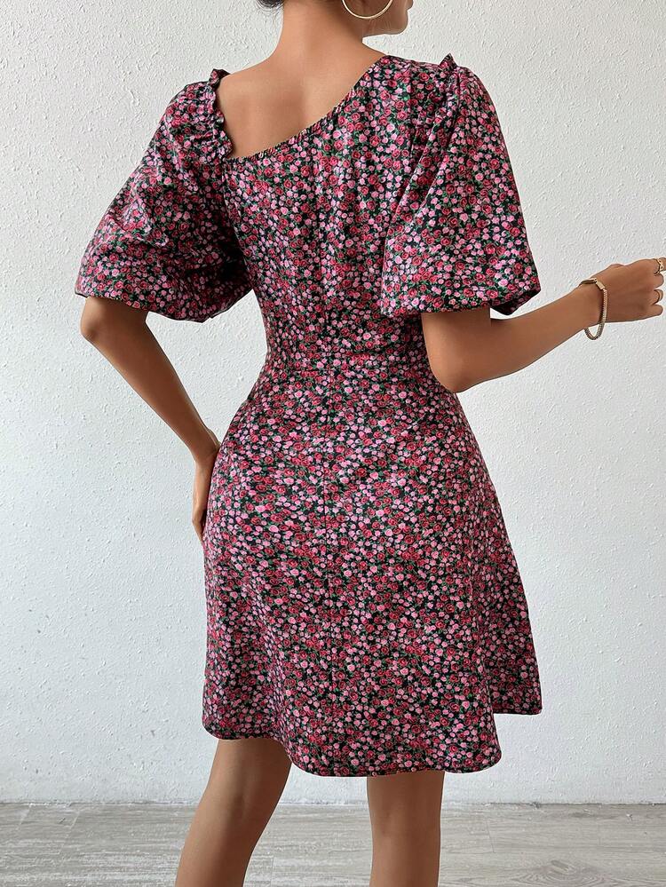 Rose Print Asymmetrical Neckline Dress