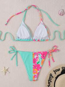 Women's Floral Printed Patchwork Bikini Set Summer Beach - Multicolor - View 2
