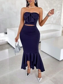 Zolique Women's Bow Decorated Strapless Dress With Hollow Out Waist And Mermaid Hem - Navy Blue - View 3