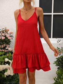 Breezaya Ladies' Ruffled Hem Spaghetti Strap Dress - Red - View 3