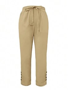 Solid Color Button Detail Drawstring Waist Pants