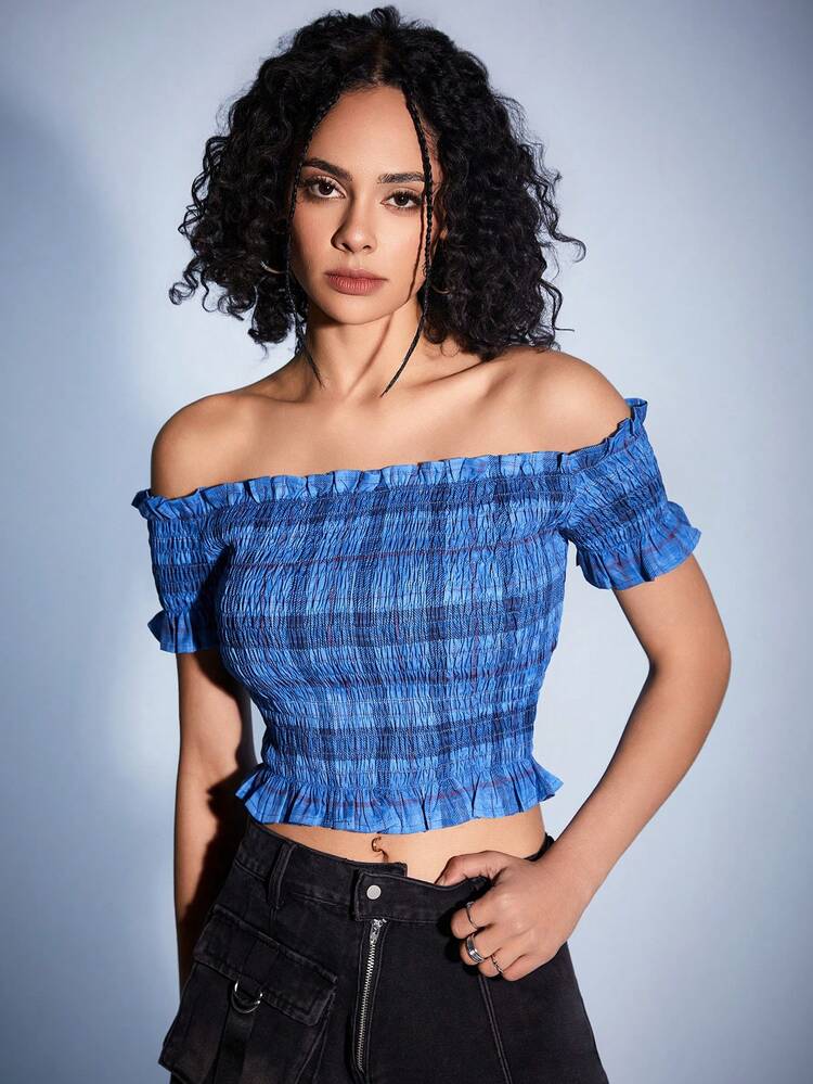 Women's College Style Plaid Off Shoulder Top