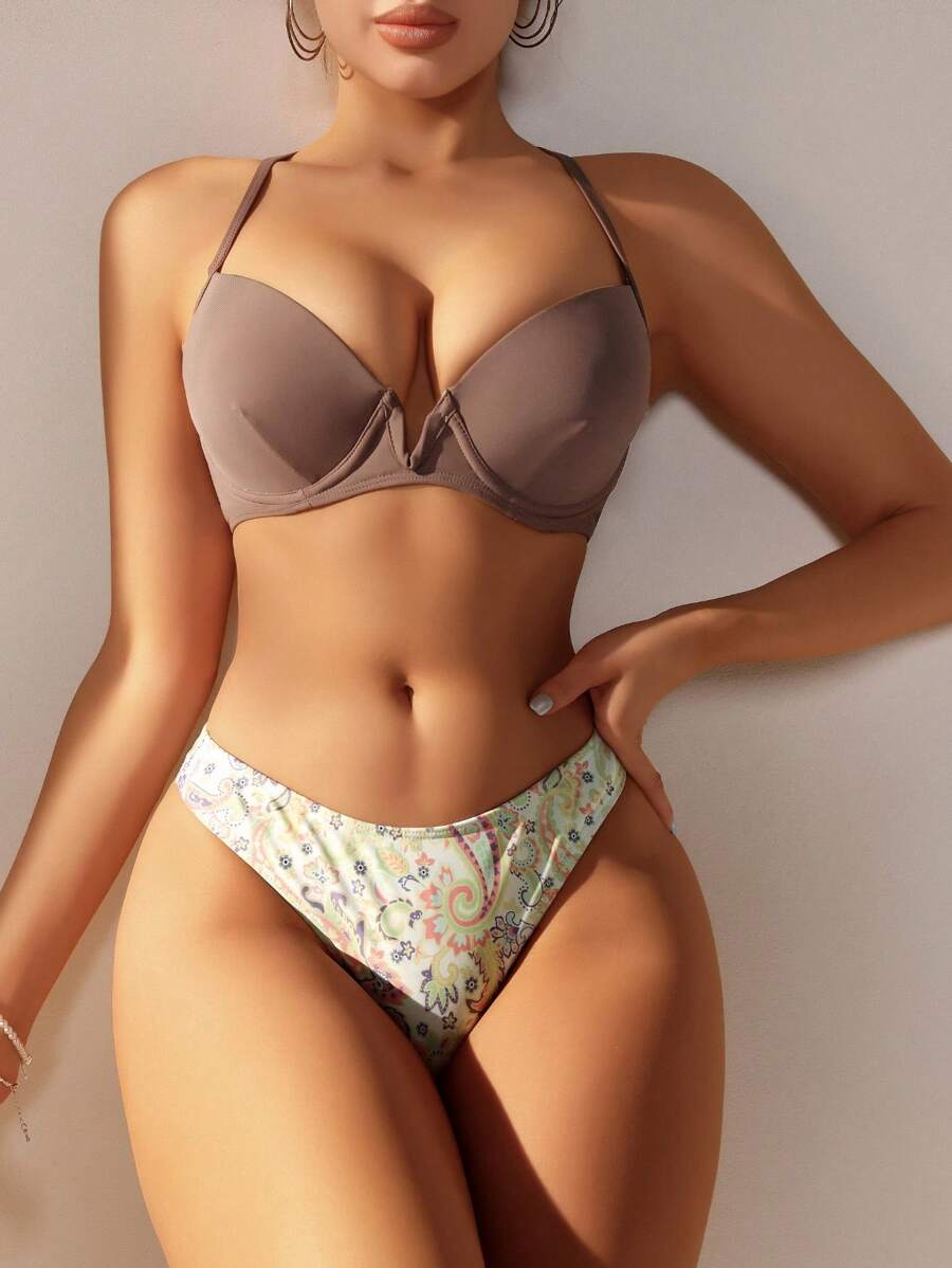 SHEIN Swim 女士纯色上衣和佩斯利印花下装比基尼套装夏季 - 彩色 - 查看 1