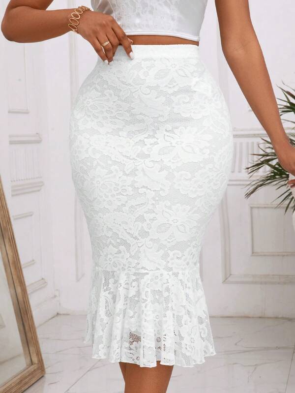Lyxana Eleganter einfarbiger Spitze Meerjungfrau Bodycon Rock für Feiertagsparty Kleidung, langes Damen Outfit