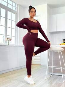 Easithlete Women'S Plus Size Sports Tracksuit With Ribbed Pattern, Long Sleeve And Long Pants - Burgundy - View 3