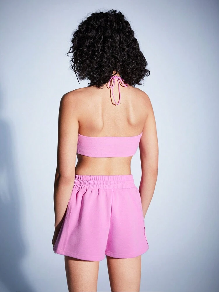 Women's Halter Tie Front Top And Shorts Set