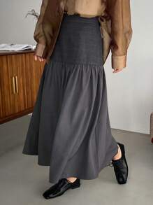 FRIFUL Women's Gray High Waist Textured Ruffle Edge Hem Skirt - Dark Grey - View 1