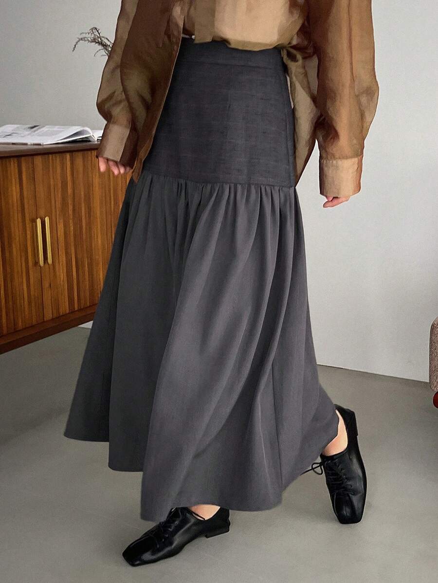 FRIFUL Women's Gray High Waist Textured Ruffle Edge Hem Skirt - Dark Grey - View 1