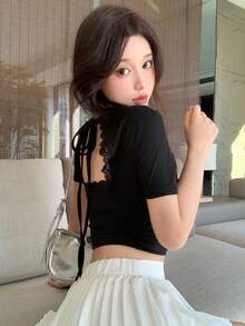 DAZY Của phụ nữ In Khẩu hiệu Cắt bỏ trở lại Coa dây Top Cây trồng - màu đen - Xem 8