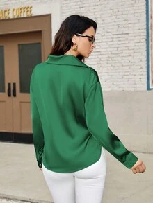 SHEIN BIZwear 女式閃亮長袖襯衫 - 綠色 - 查看 2