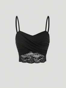 Sweetra Lace Splicing Wrapped Cross Neck Camisole Top For Women