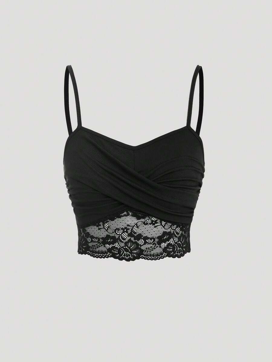 Sweetra Lace Splicing Wrapped Cross Neck Camisole Top For Women