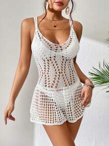 SHEIN Swim Summer Beach Hollow Out Cover Up Dress Without Bikini Set - White - View 4