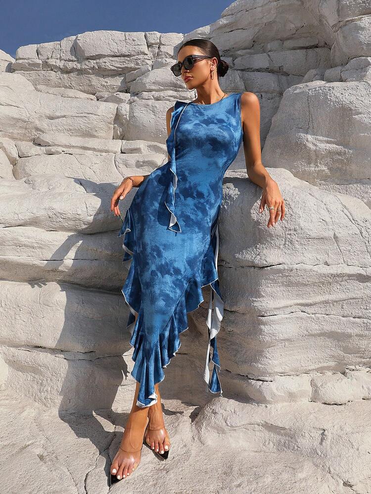 Women'S Patchwork Tie Dye Strapless Dress With Ruffle Hem