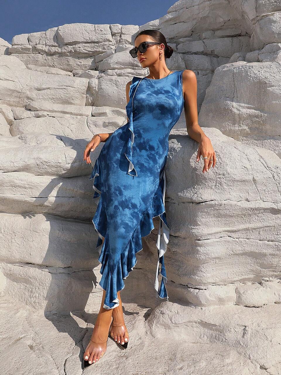 Women'S Patchwork Tie Dye Strapless Dress With Ruffle Hem