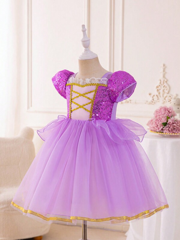 SHEIN Glamorique Kids Young Girl Sparkly Patchwork Tulle Party Dress With Puffy Skirt, Suitable For Formal Occasion
