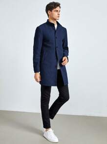 GENTILAND Men's Stand Collar Woolen Coat - Blue - View 3