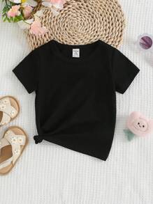 1pc Young Girl Letter Printed Short Sleeve T-Shirt - Black - View 2