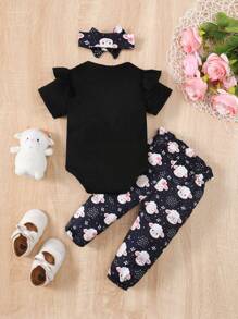 女婴卡通小羊印花连体衣裤套装，休闲可爱 - 彩色 - 查看 2