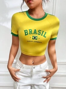 SHEIN EZwear Camiseta Bordada De Estilo Brasileño Con Combinación De Colores