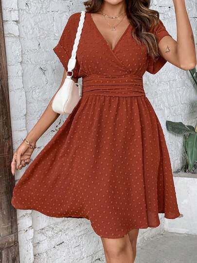 SHEIN Clasi Women'S V-Neck Batwing Sleeve Dress With Waist Pleats