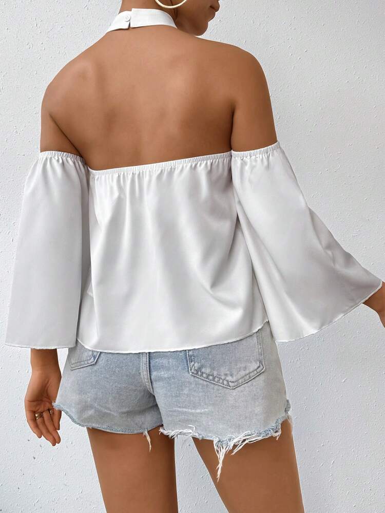 Solid Color Lace Patchwork Open Shoulder Halter Neck Shirt