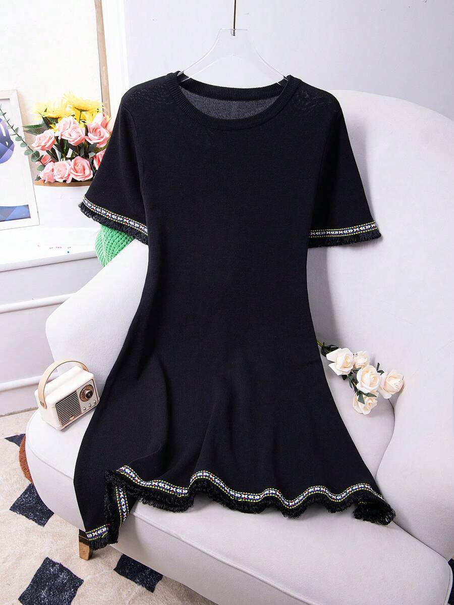 SHEIN LUNE Kích thước lớn Vòng cổ Sọc Trang trí Đầm Áo len - màu đen - Xem 1