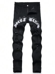 Manfinity LEGND Men's Fashionable Letter Embroidered Jeans, Emo Style, Grunge - Black - View 1