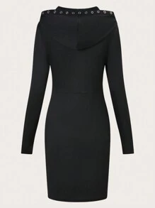 SHEIN Clasi 女士時尚純色長袖連帽連身裙 - 黑色 - 查看 2